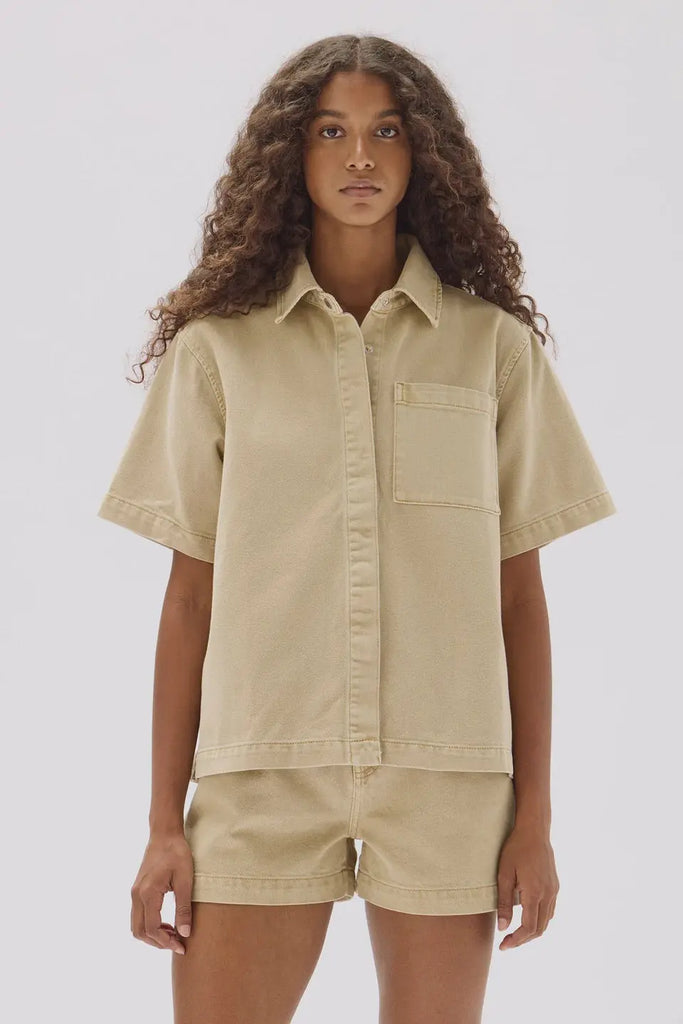 Ashley Denim Short Sleeve Shirt | Tan| Assembly Label|  Long Way Home