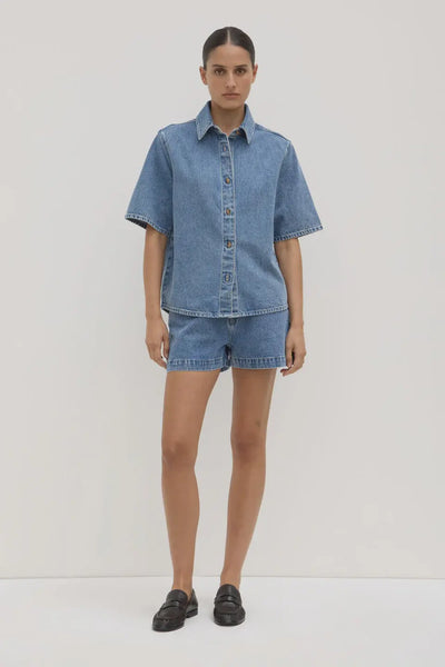 Boxy Denim Short Sleeve Shirt | Dark Stone| Product vendor