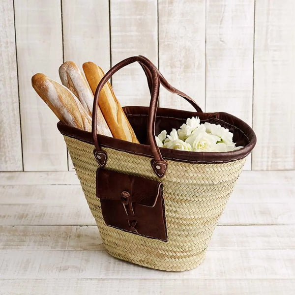 French Market Basket with Leather Trim and Pocket Le Painier Long Way Home